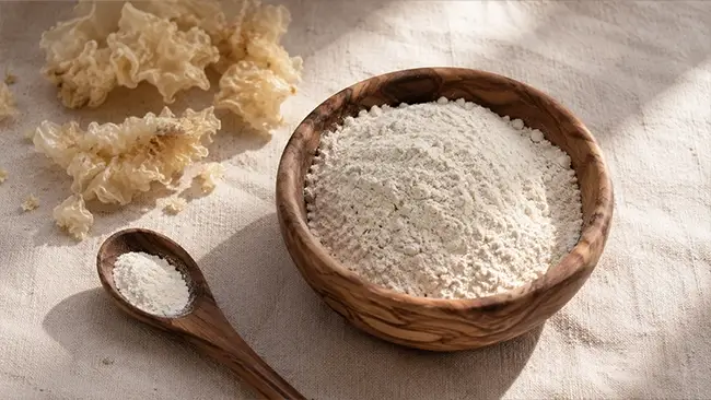 Tremella poeder in een houten kom naast een lepel voor dagelijks gebruik