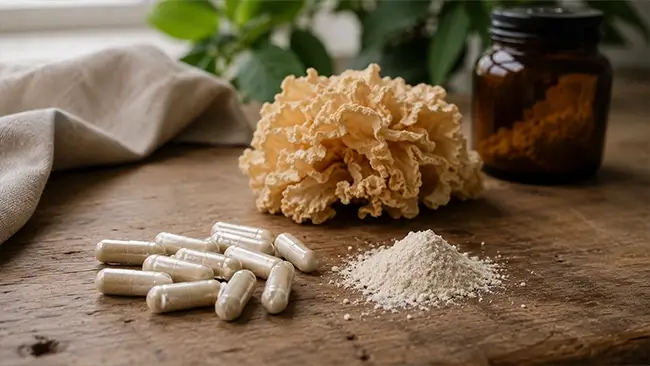 Tremella capsules met poeder en gedroogde paddenstoel op natuurlijke achtergrond