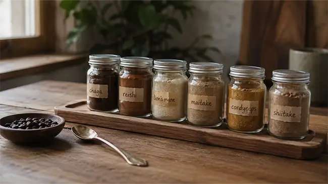 Zes paddenstoelenpoeders voor je mix: chaga, reishi, lion's mane, maitake, cordyceps en shiitake