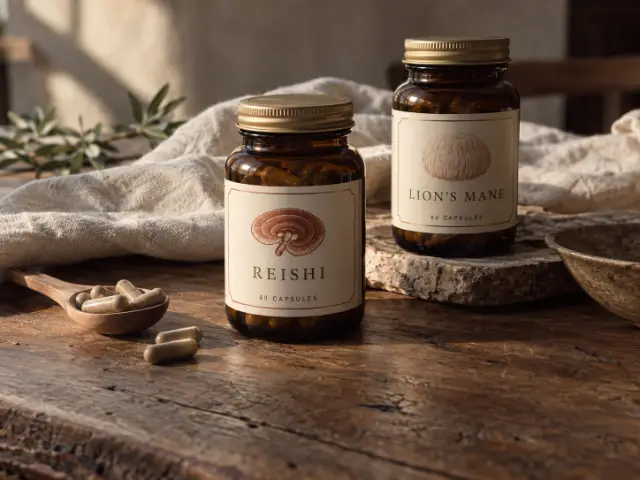 Paddenstoel capsules met Reishi en Lion’s Mane potjes op een eiken tafel
