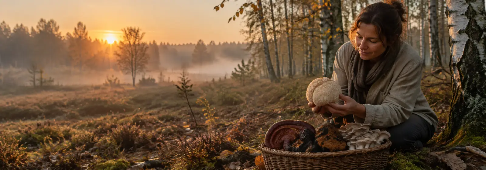 Paddenstoelen kopen bij een Nederlands familiebedrijf: een vrouw met een Lion’s Mane paddenstoel in een berkenbos bij zonsopgang