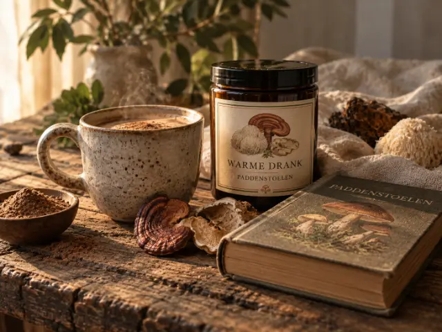 Warme paddenstoelen drank in een mok met een pot en een boek over paddenstoelen