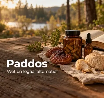 Apotheekpot met capsules, pipetflesje, reishi en lion's mane op een houten tafel bij een bosrand, over paddos en het legale alternatief